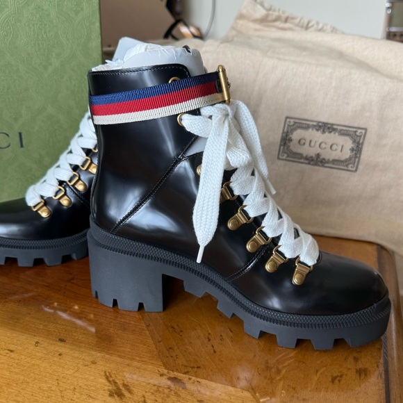 Gucci Calfskin Sylvie Web lace up combat boots - Picture 4 of 8